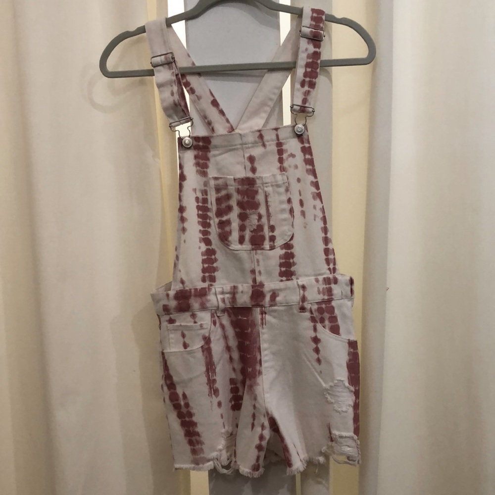women’s pink and white tye dye overalls